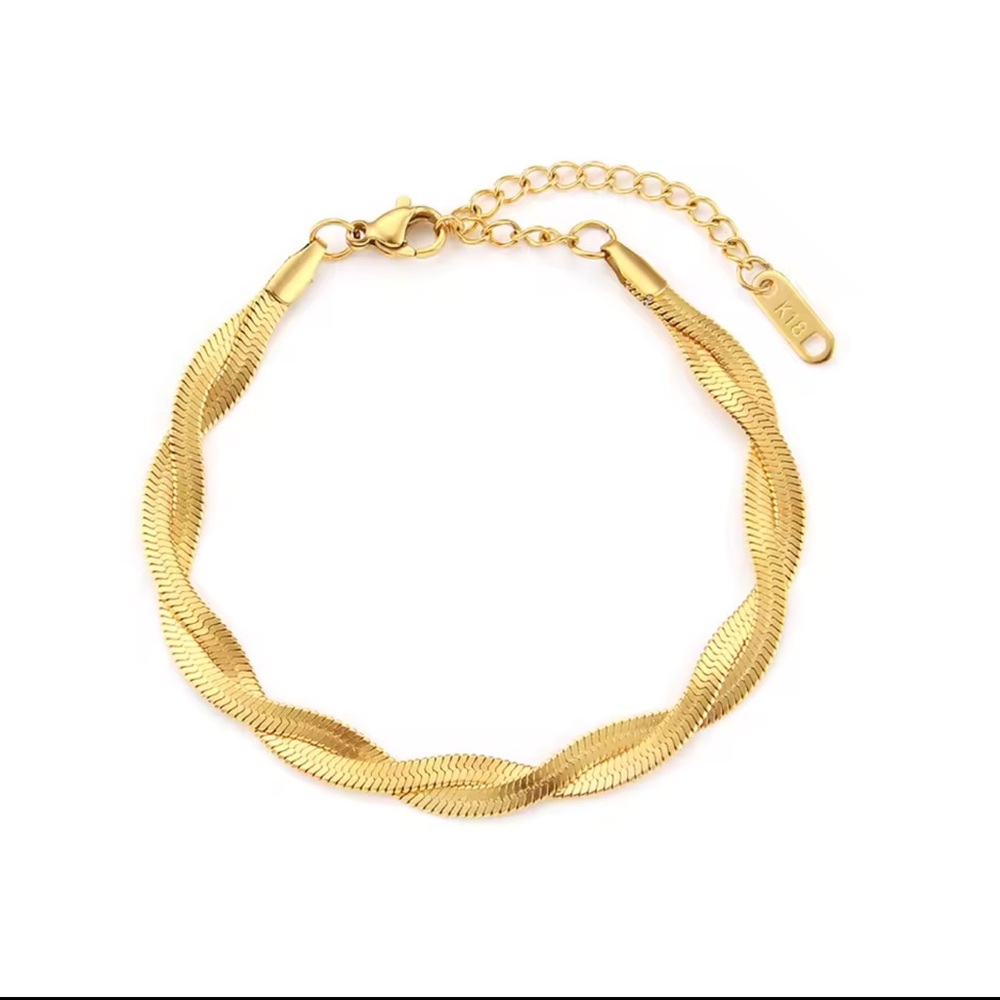 Braided New Herringbone Necklace Bracelet
 Gold 18K plated Set Stainless Steel - Picture 12 of 15